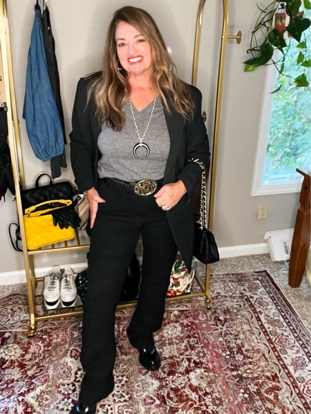 Perfect boot cut tummy less black denim!
I added a classic gray cashmere sweater and oversized blazer!!

Hot shoe trend Alert! The chunky penny loafer! Why you need it!
Goes with skirts, dresses, jeans! It is elevated and comfortable!! 

#LTKcurves #LTKSeasonal #LTKunder50