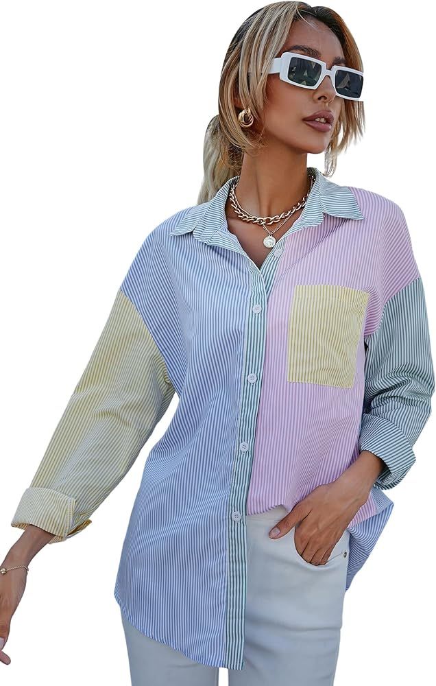 MakeMeChic Women's Striped Long Sleeve Color Block Oversized Button Down Shirt Blouse | Amazon (US)