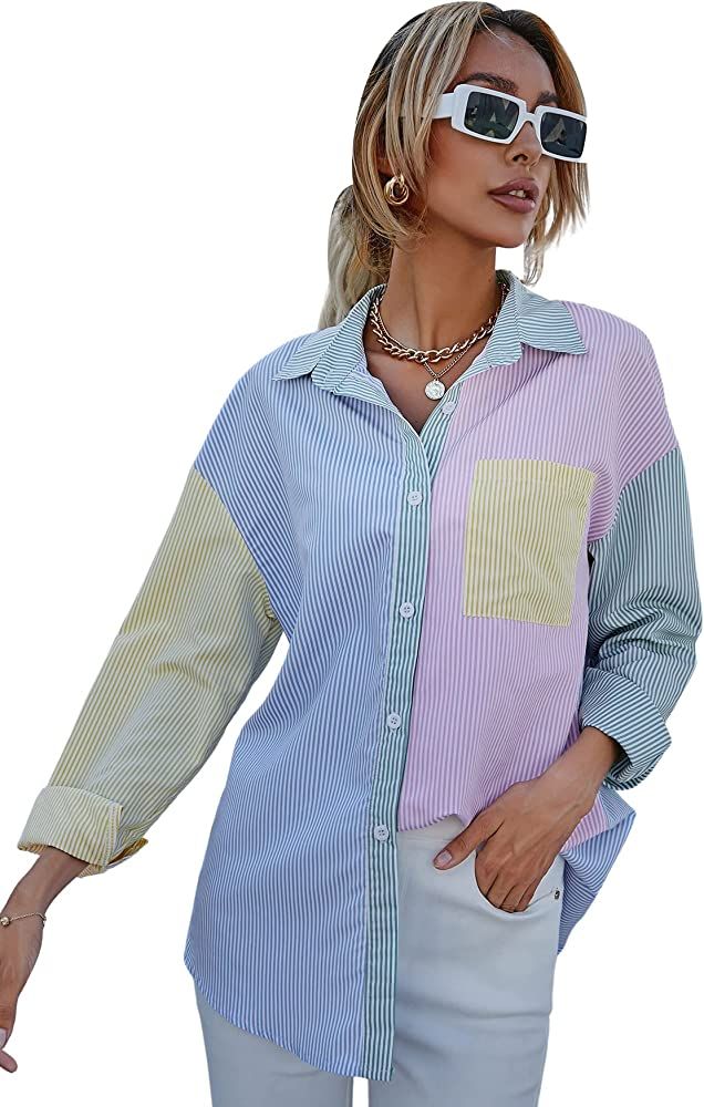 MakeMeChic Women's Striped Long Sleeve Color Block Oversized Button Down Shirt Blouse Multicolor ... | Amazon (US)
