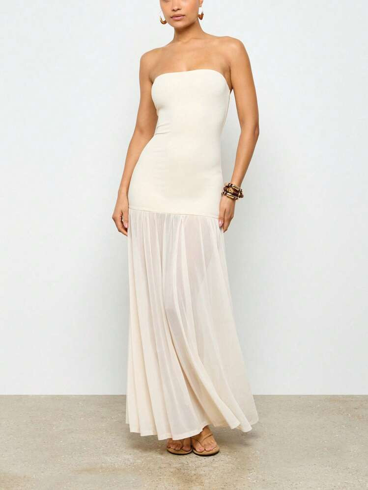 AiiRZ Strapless Bandeau Pleated Maxi Evening Gown Formal Mesh Overlay Floor Length Special Occasion Dress Elegant Wedding Guest Dress | SHEIN