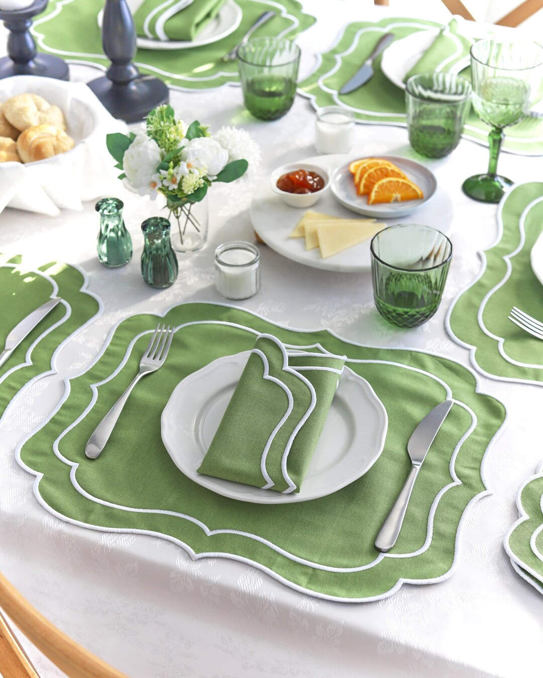 Embroidered Green Linen Placemat & Napkin Set: Water-repellent Table Decor - Etsy | Etsy (US)