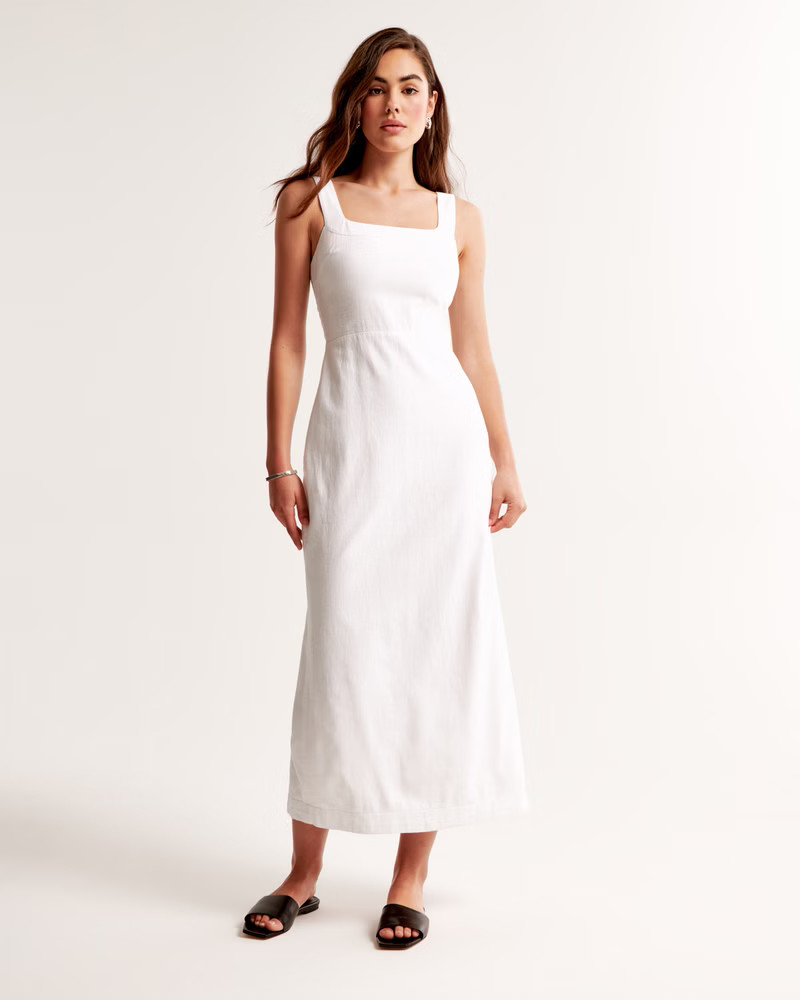 Linen-Blend Squareneck Column Midi Dress | Abercrombie & Fitch (US)