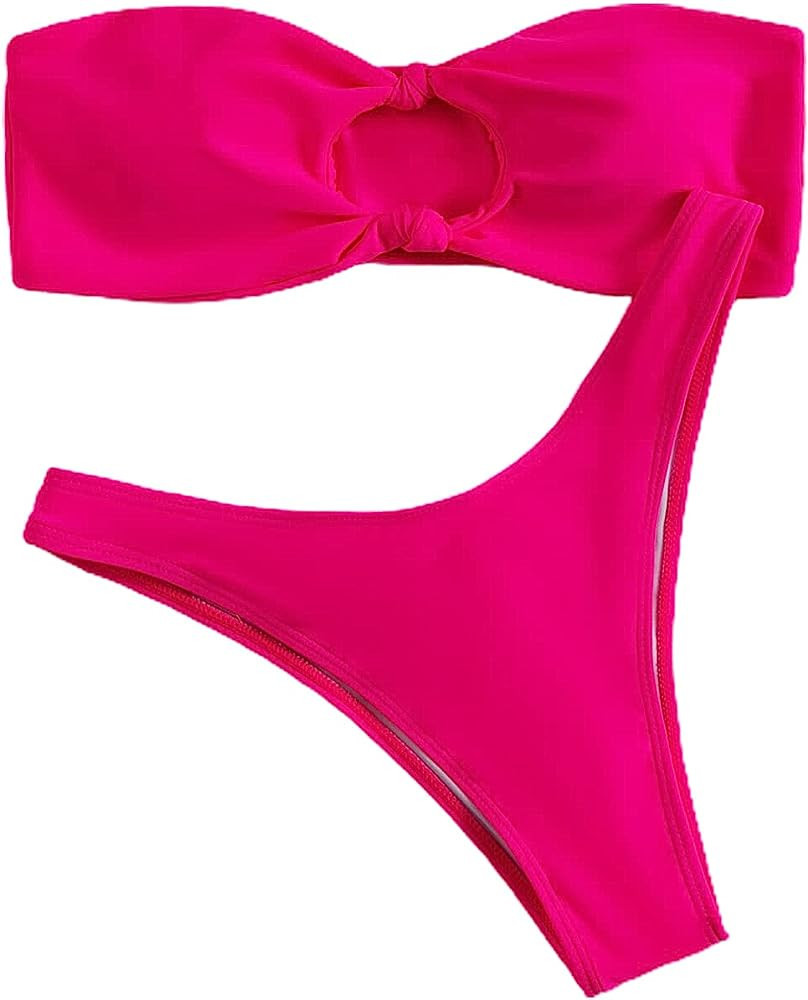 SheIn Women's Hot Pink Bikini Set Pink Swimsuit Bathing Suit Bandeau Bikini High Cut Bikini Swim | Amazon (US)