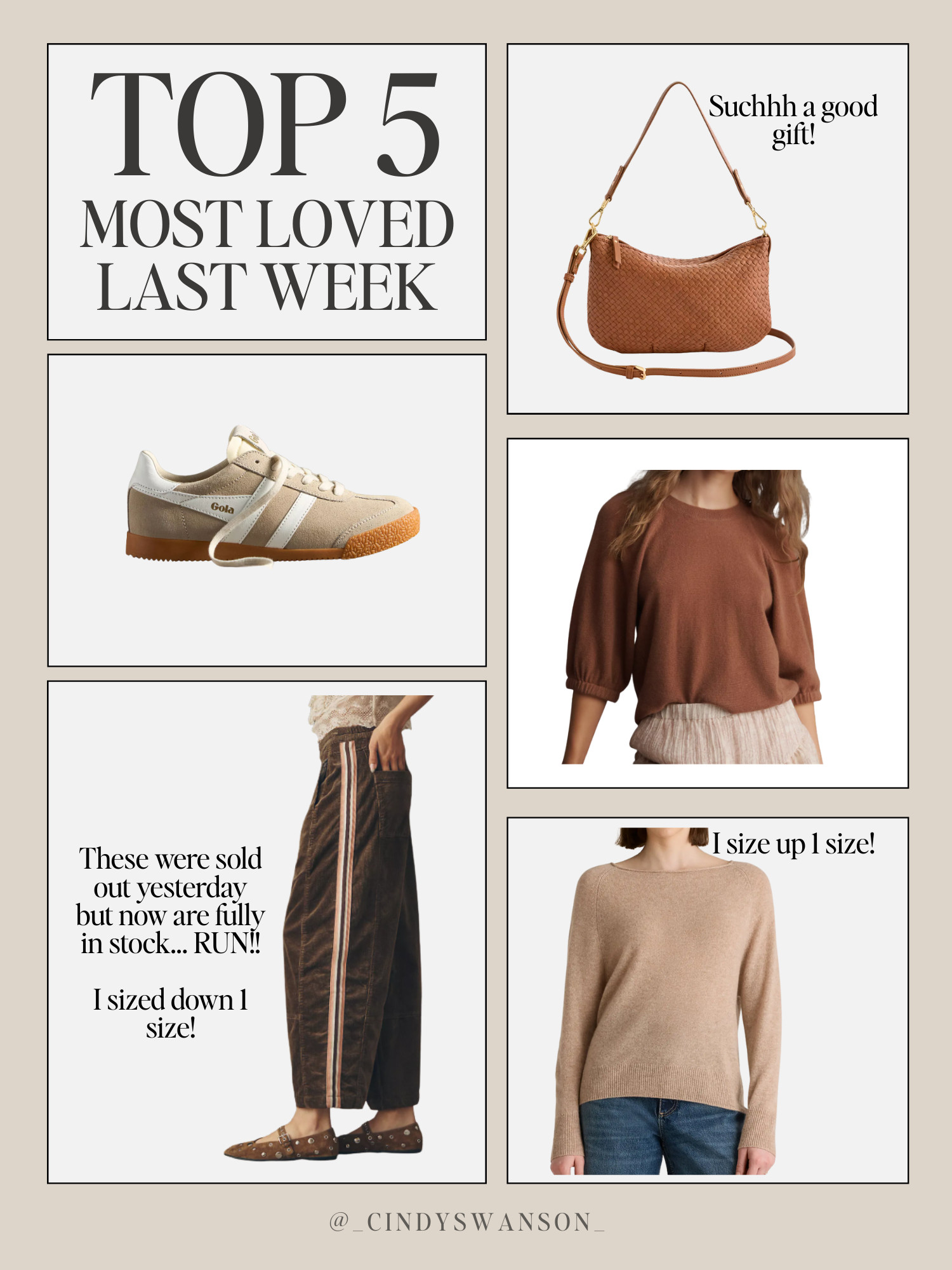 Your top 5 items from last week! Some good ones!! My go to sneakers, cashmere sweater for less, a great quality purse and my fave outfit from last week! 

Anthropologie, Quince, Gola  

 #LTKHoliday #LTKU #LTKOver40