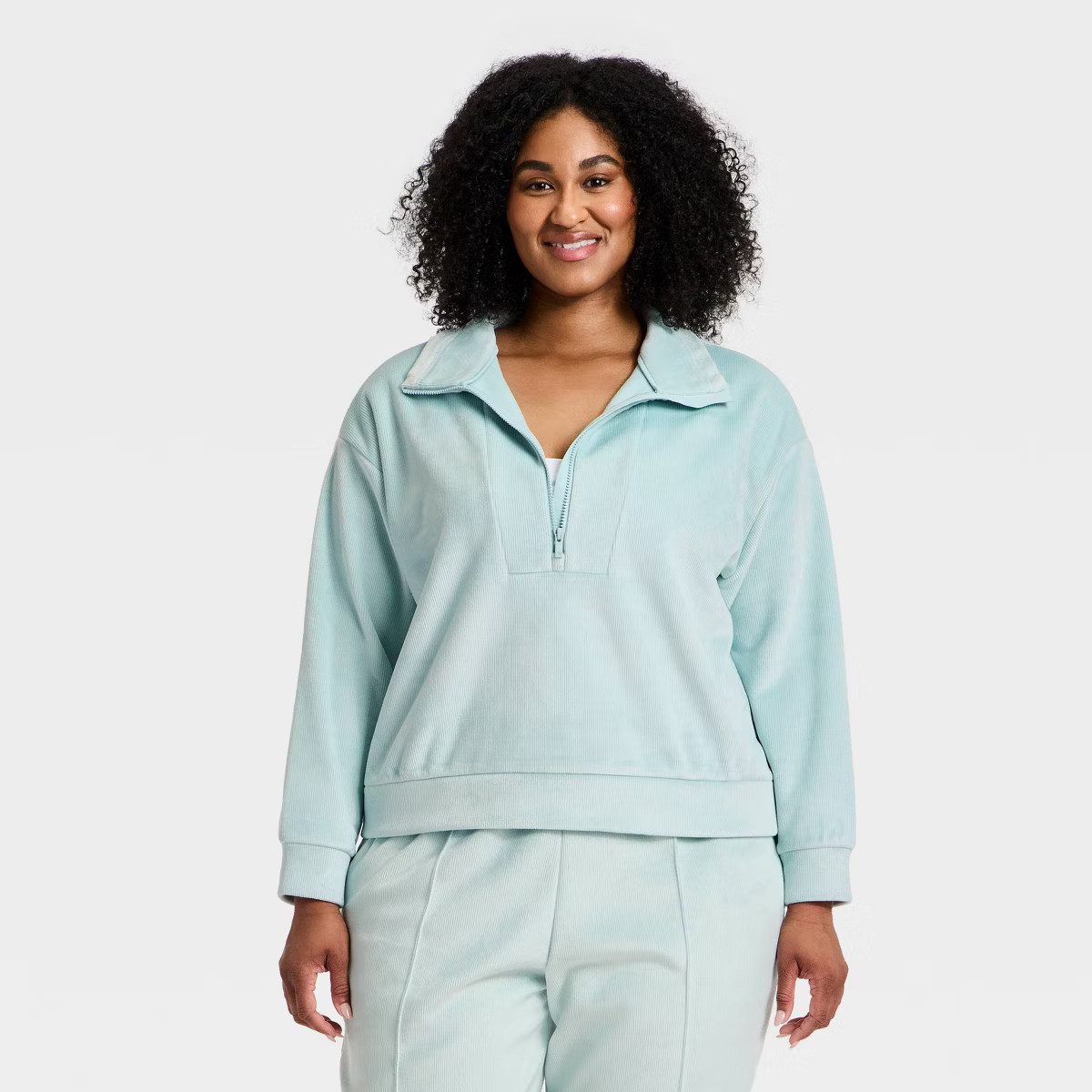 Women's Velour Ribbed 1/2 Zip Sweatshirt - All In Motion™ Light Aqua Blue L | Target