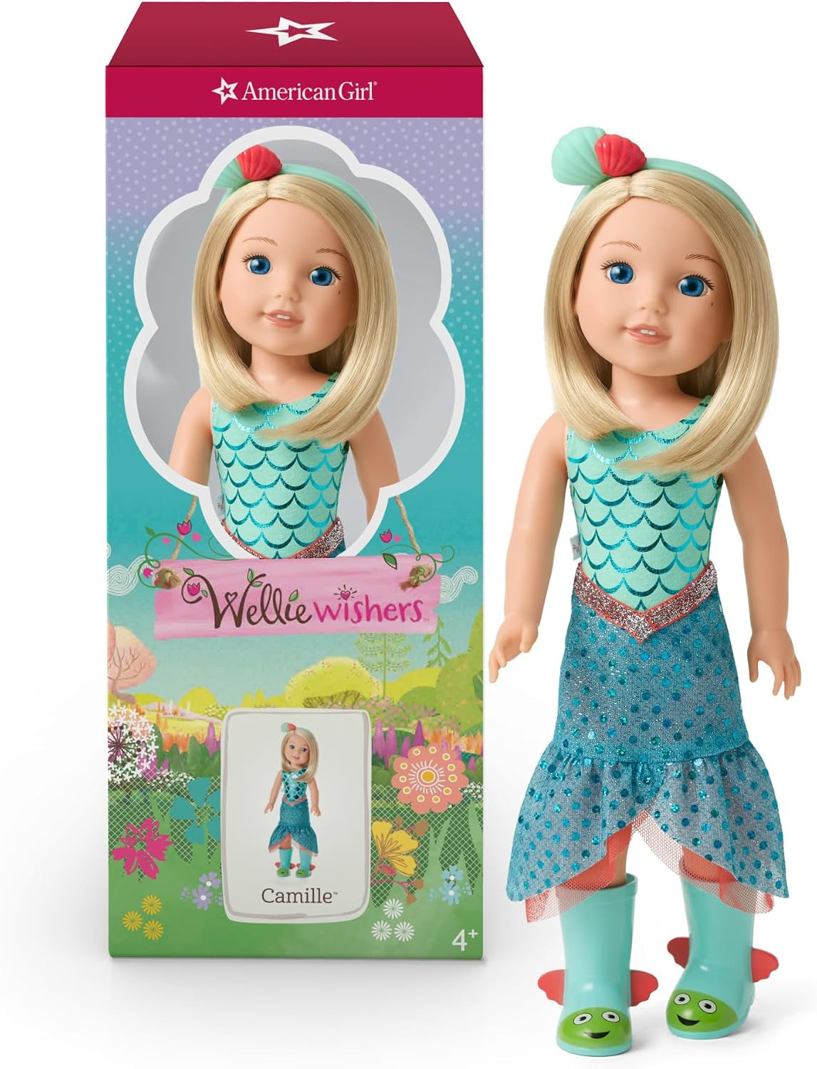 American Girl WellieWishers 14.5-inch Camille Doll with Blue Leotard, Mermaid Skirt, Headband, and Boots, For Ages 4+ | Amazon (US)