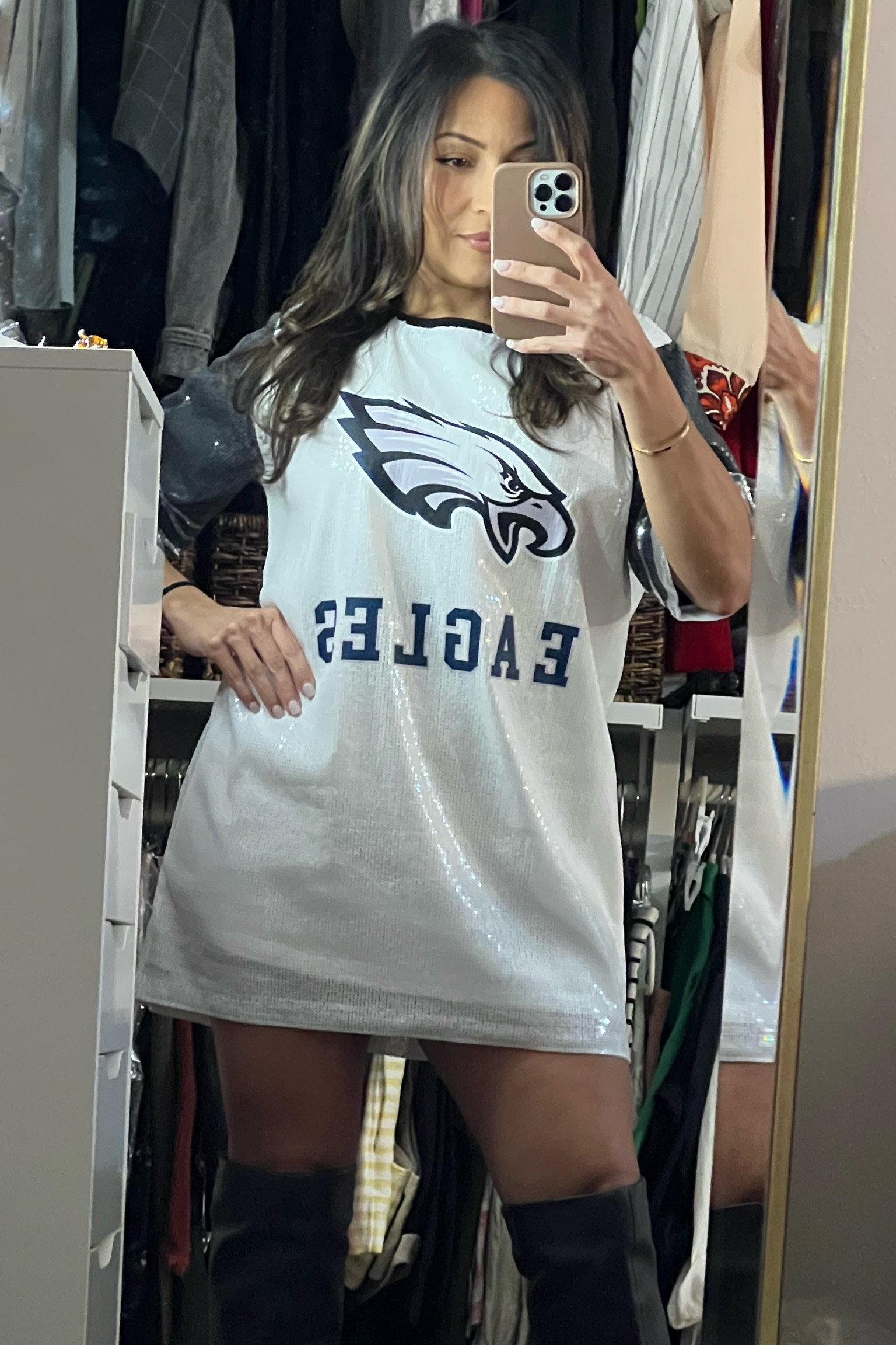 Shining bright in my sequin eagle dress as we celebrate our Super Bowl victory! This look is perfect as is or styled with leggings for the championship parade! Shot my game day glam through the link in my bio #SuperBowlChamps #FlyEaglesFly #LTKFashion

#LTKSeasonal #LTKParties #LTKMostLoved