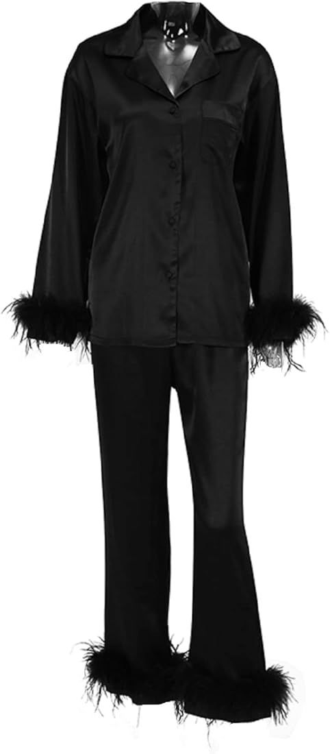 NUFIWI Stain Long Sleeve Button Down Pajamas Suit with Feather Trim Solid Color Sleepwear Set 202... | Amazon (US)