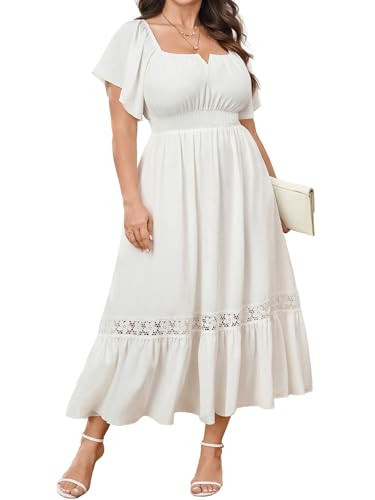 SCOMCHIC Plus Size Dress for Cocktail Wedding Guest Short Sleeve Square Neck Smocked Waist A-Line Lace Trim Boho Maxi Dress White | Amazon (US)