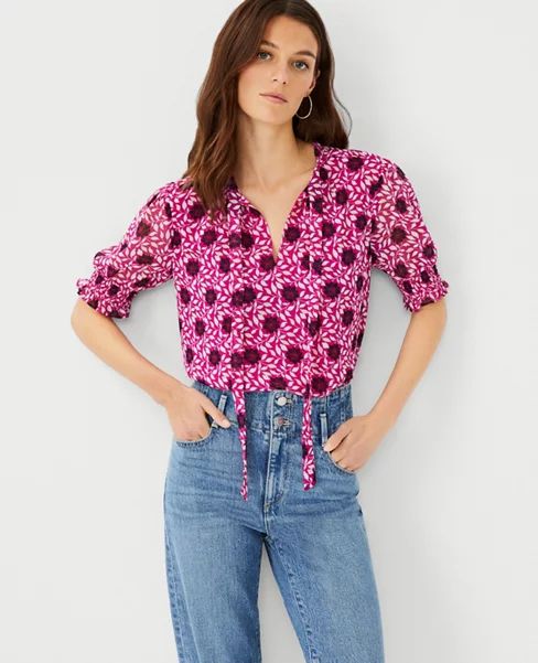 Floral Tie Neck Puff Sleeve Top | Ann Taylor (US)