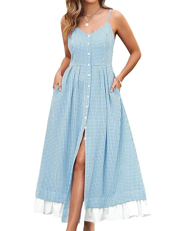 Angashion Women's Dresses-Summer Floral Bohemian Spaghetti Strap Button Down Swing Midi Dress | Amazon (US)