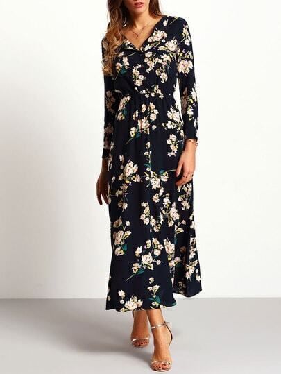 Navy Long Sleeve Floral Maxi Dress | SHEIN