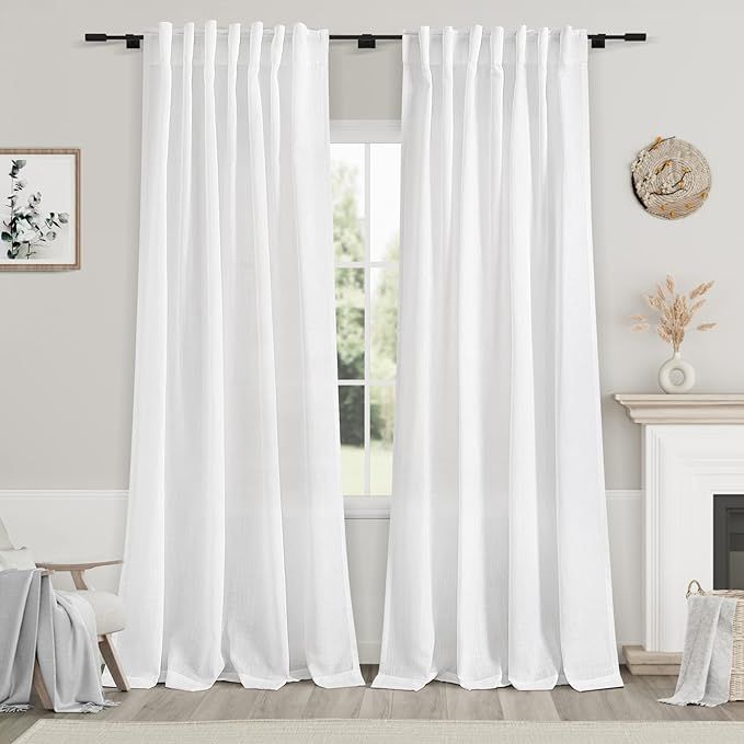 White Semi Sheer Linen Curtains 90 inch Length for Living Room Back Tab Rod Pocket Modern Farmhou... | Amazon (US)