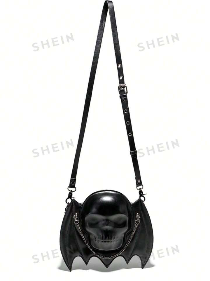 ROMWE Goth Ladies' Punk Style Bat Design Shoulder Crossbody Bag, 3D Skull Head Shape, Metal Skele... | SHEIN