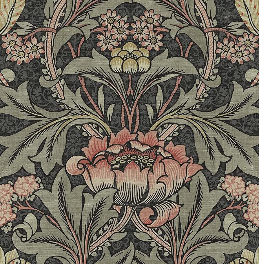 NextWall Acanthus Floral Peel and Vinyl Stick Wallpaper (Charcoal & Rosewood) - One | Amazon (US)