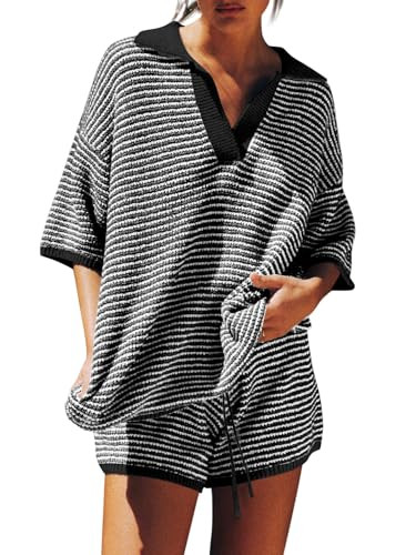 Tankaneo Womens Sweater Set 2 Piece Outfits Oversized 3/4 Sleeve V Neck Knit Tops High Waisted Sh... | Amazon (US)