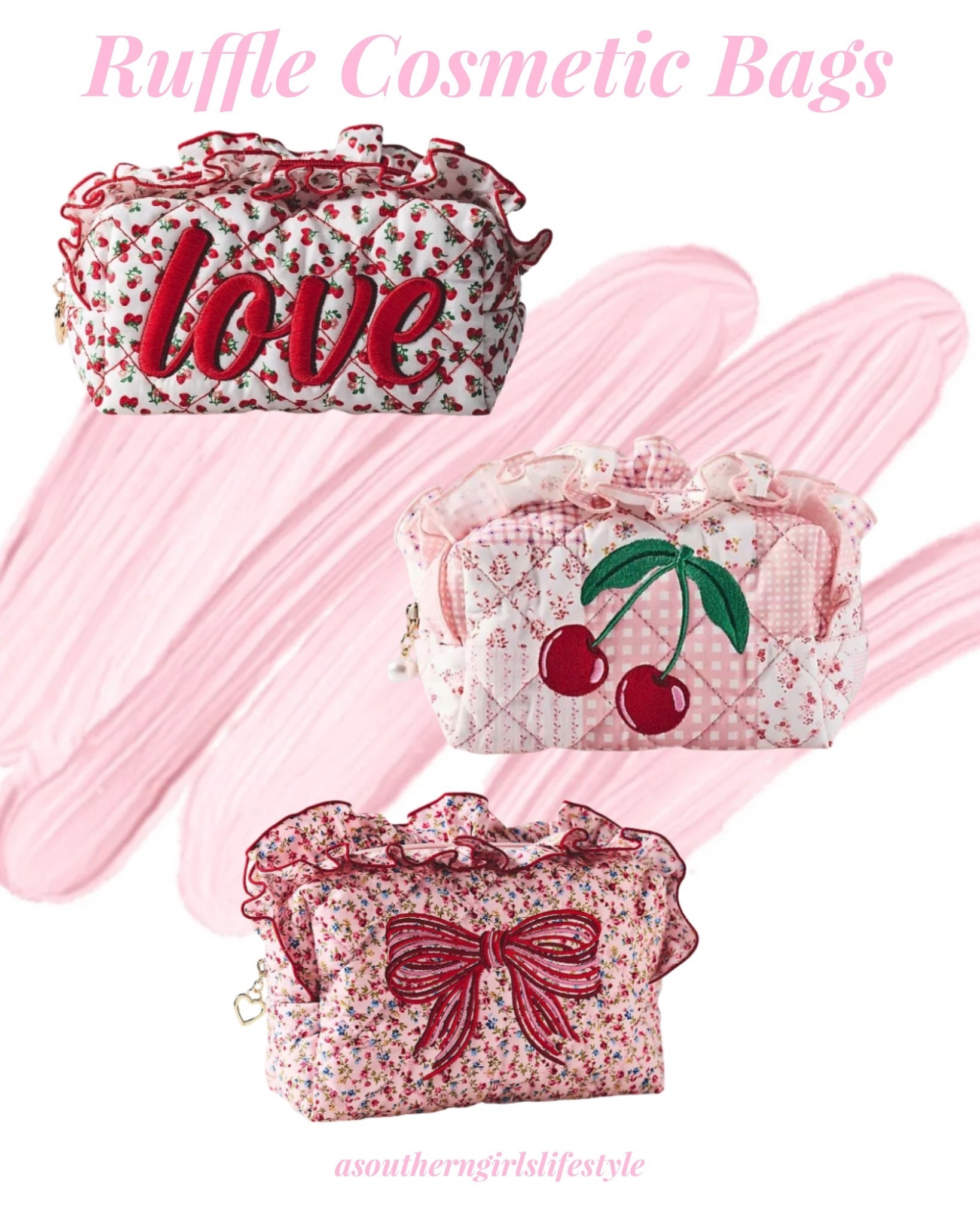 Sweet Ruffle Cosmetics Bags - great Valentine’s Day gift idea 

👛 Quilted Valentine Love Cosmetic Bag
👛 Quilted Cherry Valentine Cosmetic Bag
👛 Valentines Bow Cosmetic Bag

Gifts for Her. Makeup Bag. Travel Bag  

#LTKSeasonal #LTKValentine #LTKBeauty