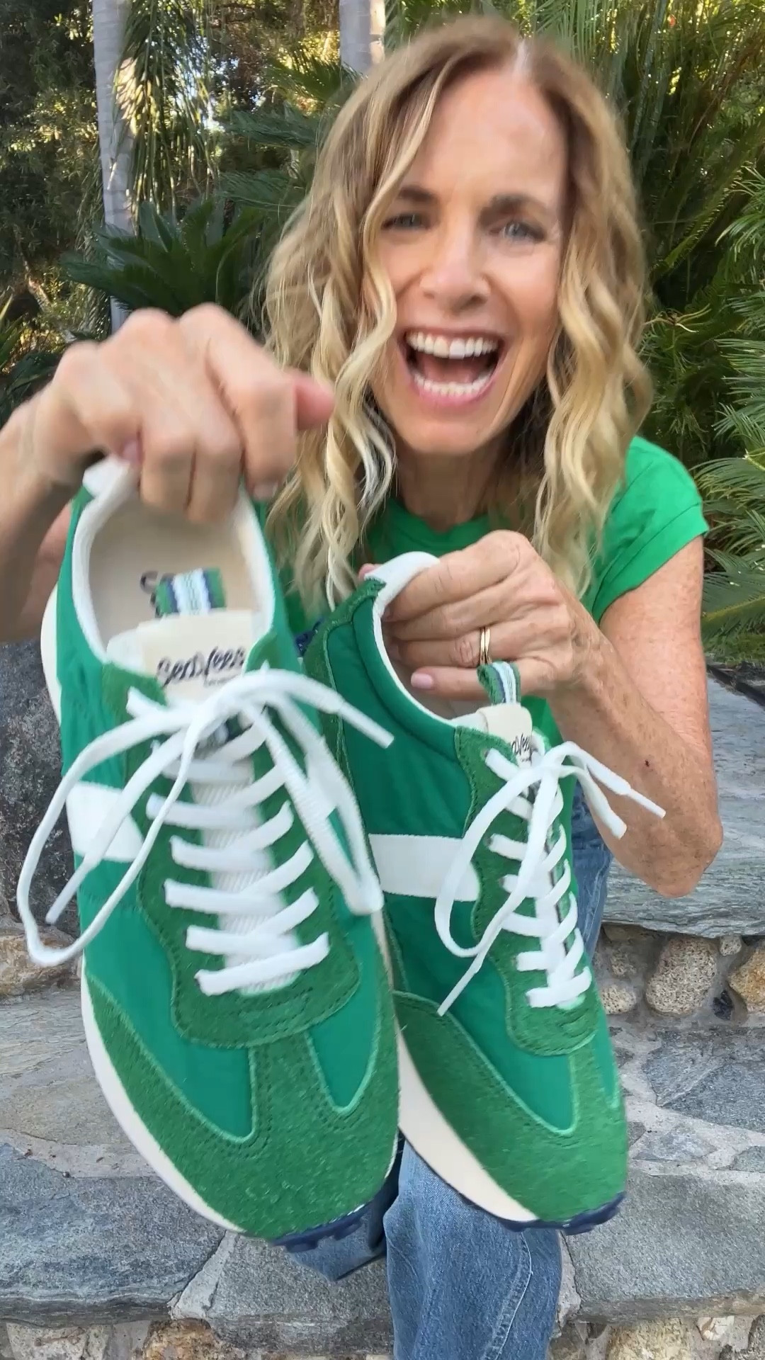 In Love with the green retro sneakers! They also come in blue. So comfy and true to size. The jeans are awesome and linked a few places! I sized up and they fit perfect! I’m 5’4” fyi. 
The green muscle wearing is out of stock 💚


#LTKSeasonal #LTKOver40 #LTKootd