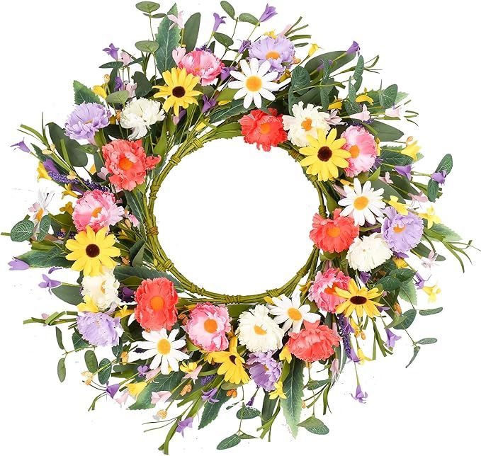 Artificial Flower Wreath,20” Purple Yellow White Pink Floral Wreath Spring and Summer Wreath Fr... | Amazon (US)