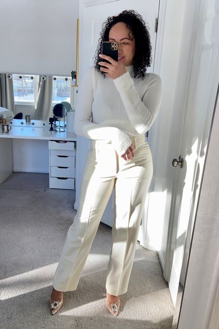 Dressy casual outfit.
Beige outfit. Cream outfit.
Dressy pants. Turtle neck.
Silver heels. Clear heels. 

Pants run true to size.
For reference I’m 5’7” 155lbs wearing a size 10. 


#LTKover40 #LTKmidsize #LTKU