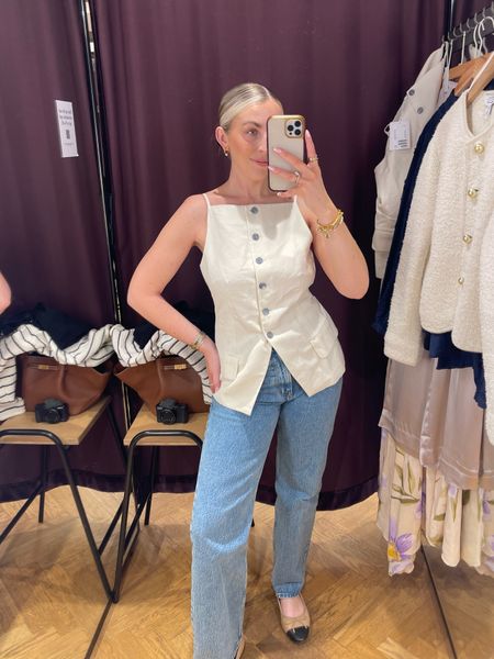 Strappy waistcoat, button up top, straight leg blue jeans, ballet pumps, spring outfit, casual outfit, spring style 

#LTKuk #LTKspring #LTKstyletip