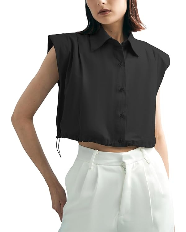 Tankaneo Womens Sleeveless Button Down Shirts Casual Loose V Neck Pad Shoulder Crop Tank Top | Amazon (US)