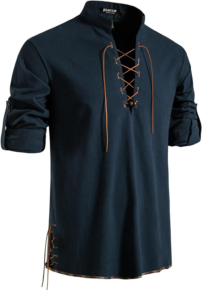 Men's Pure Cotton Retro Lace Up Shirts for Renaissance Pirate Viking Medieval | Amazon (US)