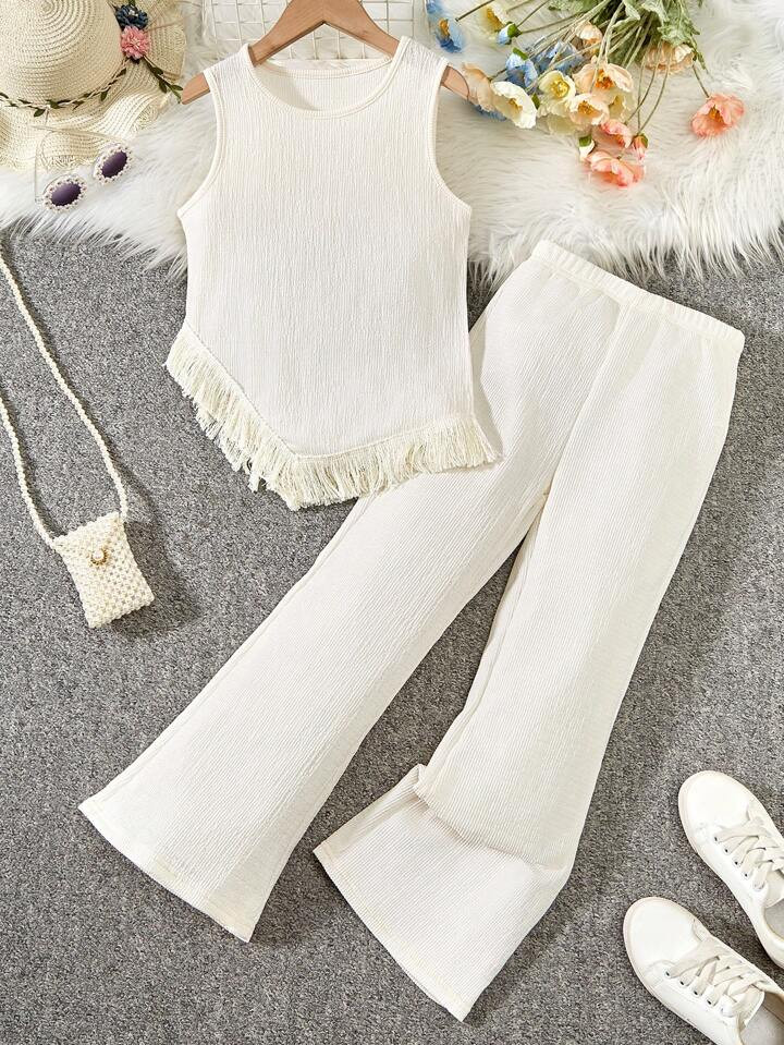 Teen Girl Fringe Tank Top With Casual Long Pants Comfortable 2-Piece Set | SHEIN