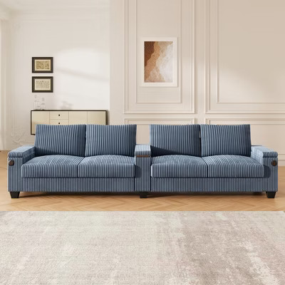 Merax 4-Seater Corduroy Sofa Couch with USB Charging Ports, Flip-Top Cup Holders & Hidden Arm Storage, Blue | Target