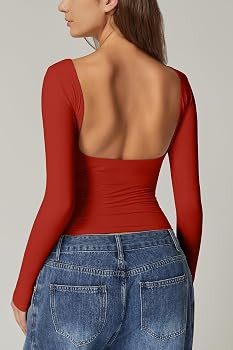QINSEN Women's Sexy Open Back Long Sleeve Shirts High Neck Double Lined Tees Fitted Going Out Top... | Amazon (US)