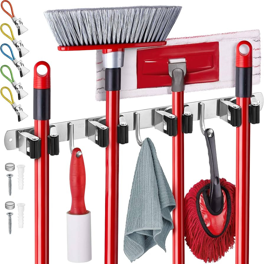 Wall Mount Hanger for Brooms & Mops - Adhesive Stainless Steel Mops & Broom Holder, 4 Clamps, 3 H... | Amazon (US)