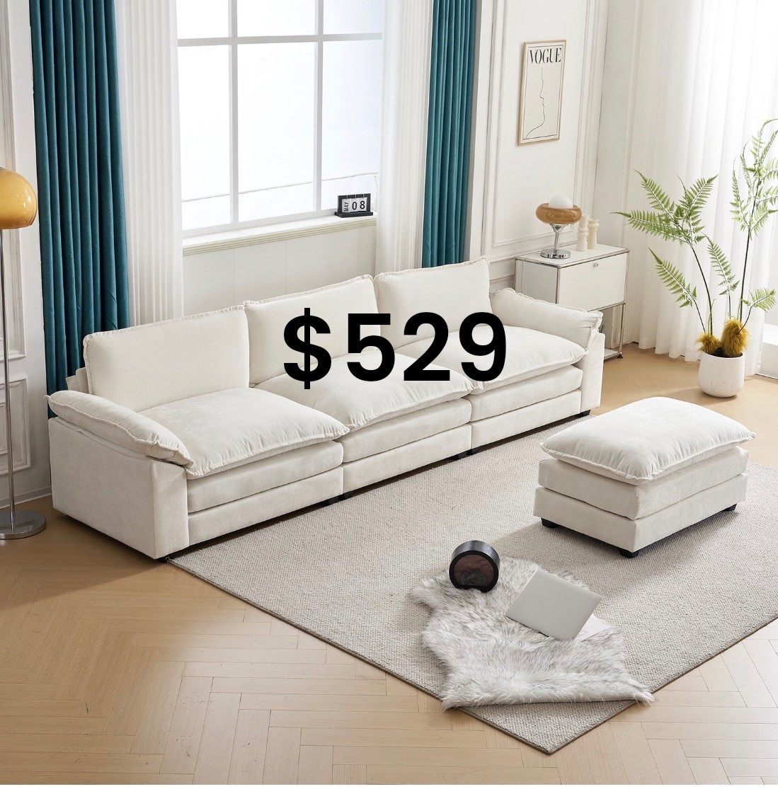 A bright, airy modern living room with a long oversized white cloud-style sofa and matching ottoman on a soft neutral rug. Tall windows flood the space with natural light, framed by teal velvet drapery and sheer white curtains. Minimalist decor with a chrome side table, sculptural lamp, and a single fern plant. Light oak herringbone floors, soft textures, cozy yet elevated atmosphere, Scandinavian meets quiet luxury aesthetic, editorial interior photography, high-end home design, neutral palette, serene, calm, elegant.

⸻

HASHTAGS (25)

#quietluxury
#modernlivingroom
#cloudcouch
#neutralhome
#scandinavianstyle
#interiorinspo
#homedecorideas
#luxuryinteriors
#minimalhome
#cozymodern
#designinspo
#homeaesthetic
#livingroomgoals
#softneutrals
#editorialhome
#modernclassic
#timelessinteriors
#lightandbright
#calmhome
#aestheticspaces
#homeinspiration
#stylishhome
#neutraldecor
#interiorstyling
#trendyhome



#LTKHoliday #LTKGiftGuide #LTKdayinmylife