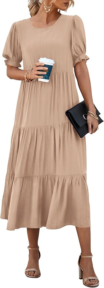 PRETTYGARDEN Women's Summer Casual Boho Dress Floral Print Ruffle Puff Sleeve High Waist Midi Bea... | Amazon (US)