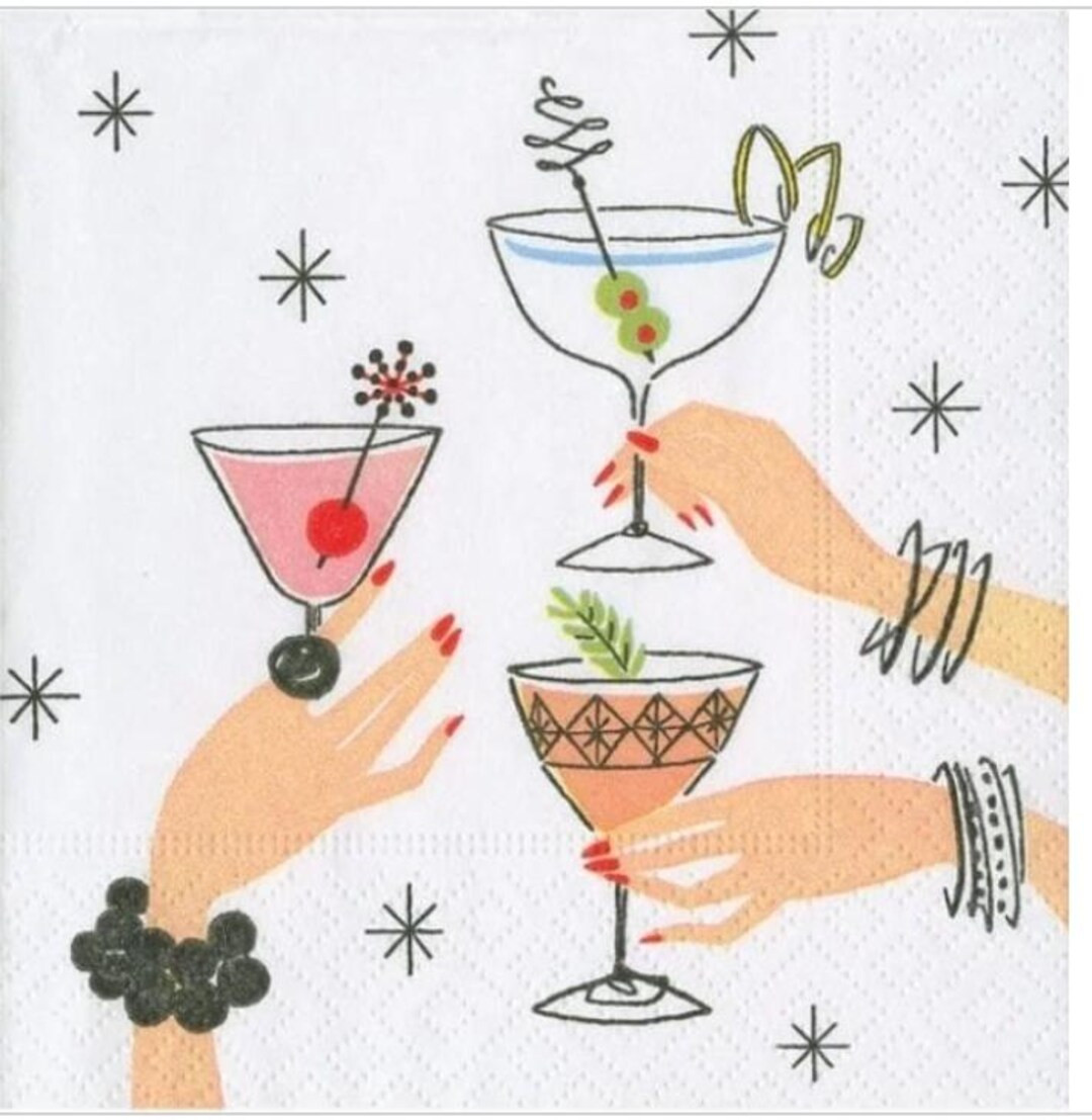 3 Decoupage Napkins Christmas Wine & Champagne MCM Girls Night Paper Napkins Set of 3 Cocktail Si... | Etsy (US)