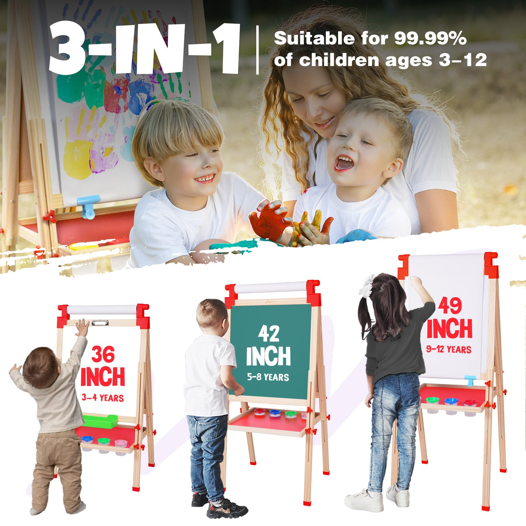 JOYOOSS 3 in 1 Kids Wooden Art Easel with Bonus Easel Kids Art Supplies, Double Sided Children Ea... | Amazon (CA)