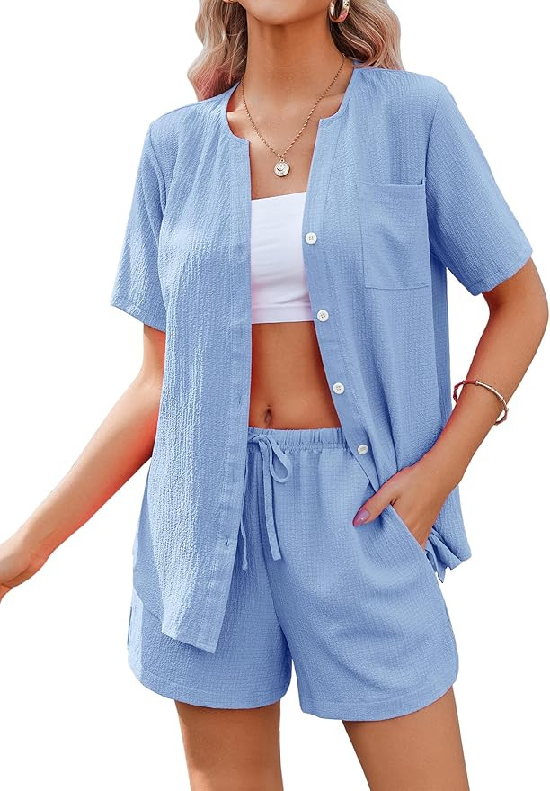 Ekouaer 2 Piece Set for Women Short Sleeve V Neck Vacation Outfits 2024 Casual Loungewear with Po... | Amazon (US)