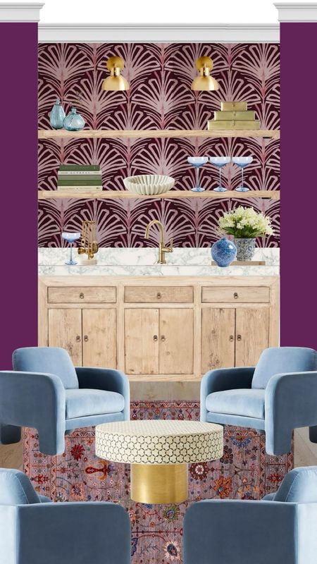 Moody bar scheme with pops of color. This is my favorite plum wallpaper right now. Also love some classic blue chairs! 

#LTKsalealert #LTKstyletip #LTKhome