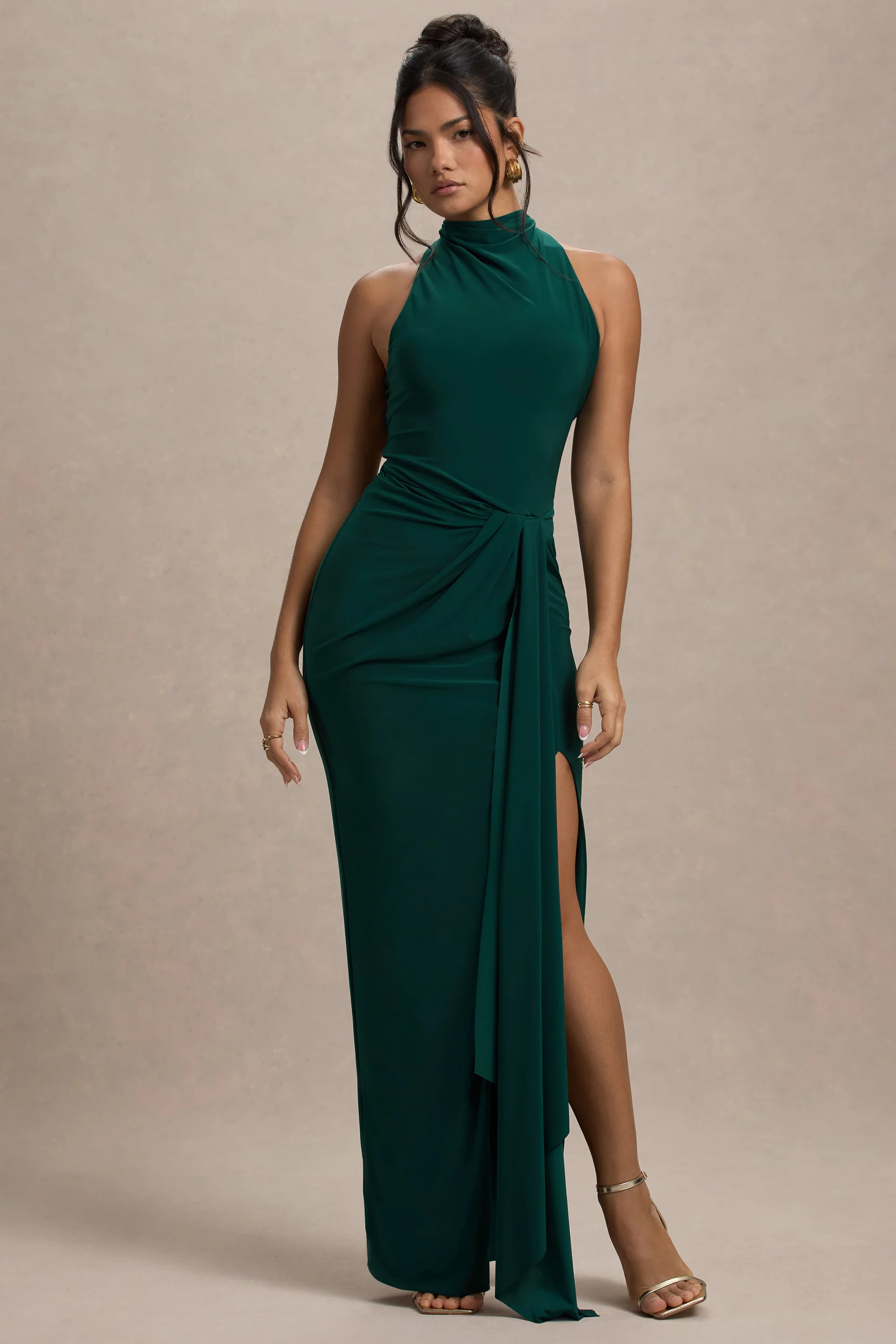 Khari  Bottle Green High-Neck Twisted Maxi Dress With Drape | Club L London