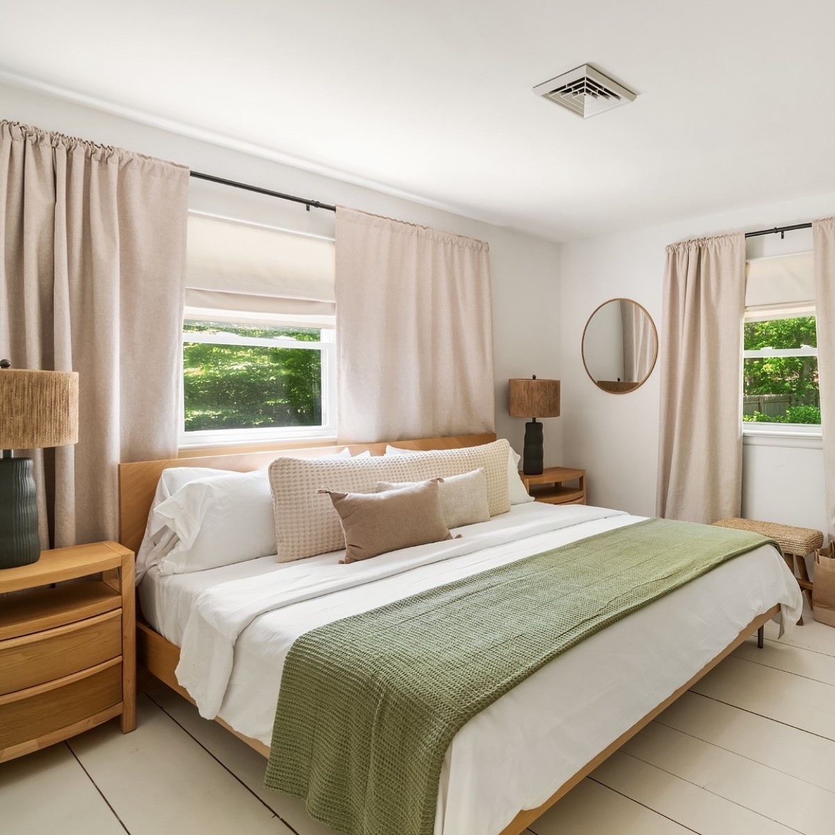 Always a fan of green as a neutral for a modern but organic, layered look in a bedroom