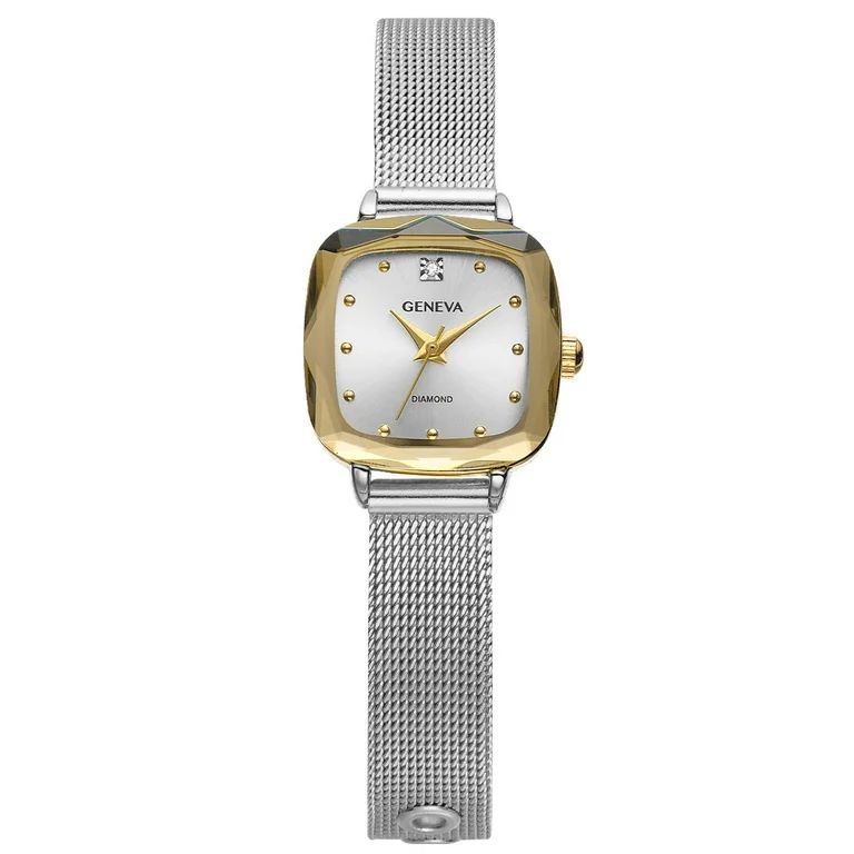 Geneva Ladies 22mm Silver & Gold Tone Genuine Diamond Dial Adjustable Mesh Watch | Walmart (US)
