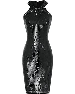 GRACE KARIN Women Sleeveless Sequin Dress Sparkly Glitter Halter Dress Bodycon Mini Club Dresses | Amazon (US)
