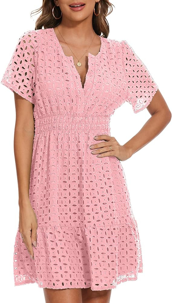 Women Summer Eyelet Lace Dress Casual V Neck Mini A Line Hollow Out Embroidered Formal Dress Sund... | Amazon (US)
