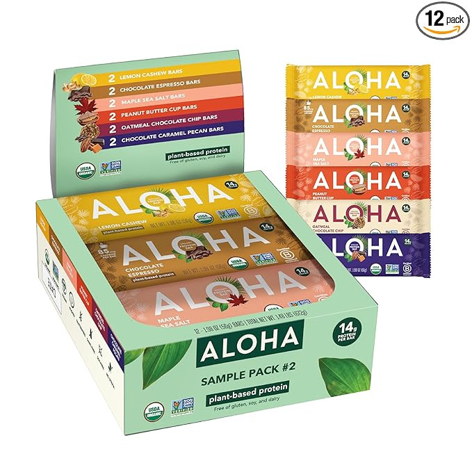ALOHA Organic Plant Based Protein Bars - Sampler Pack 2nd Edition - 12 Bars, Vegan, Low Sugar, Gl... | Amazon (US)