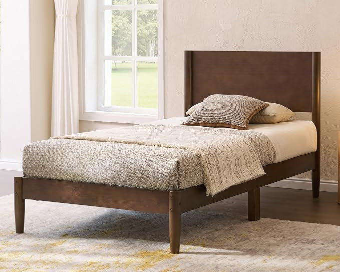 AMERLIFE Solid Wood Twin Bed Frame, Mid Century Modern Platform Bed with Full Panel Headboard, No... | Amazon (US)