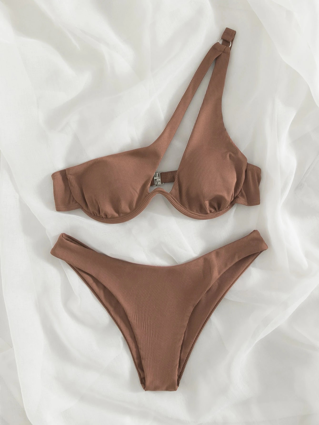 Rib Underwire One Shoulder Bikini Swimsuit | SHEIN