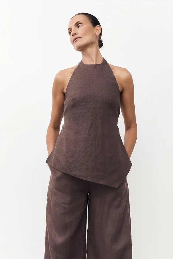 SERENA CHOC LINEN ASYM HALTER TOP | DISSH