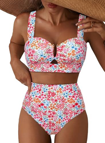 Herseas Women's U Wire Cutout Bikini Sets High Waisted Floral Print Full Coverage Tummy Control Two Piece Swimsuit V Neck Push Up Padded Bathing Suits for Chic Beach Vacation Multicolor Floral Small | Amazon (US)