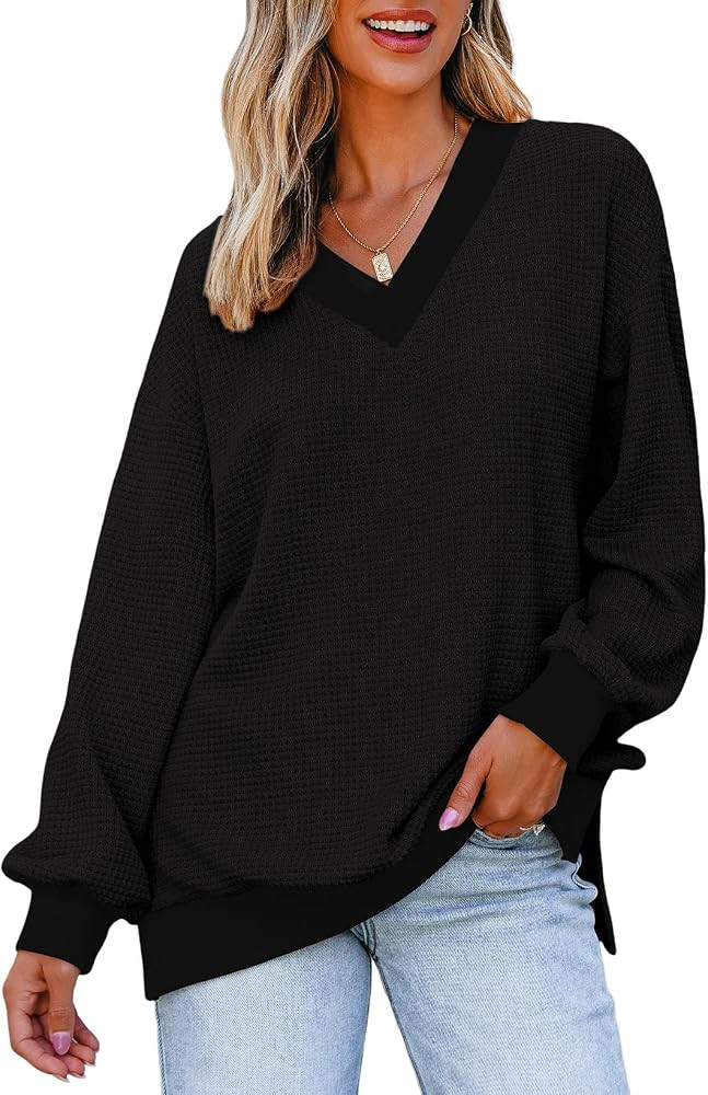 Dokotoo Womens Tops Long Sleeve Oversized Tshirts Waffle Knit Tops V Neck Tunic Sweaters Winter C... | Amazon (US)