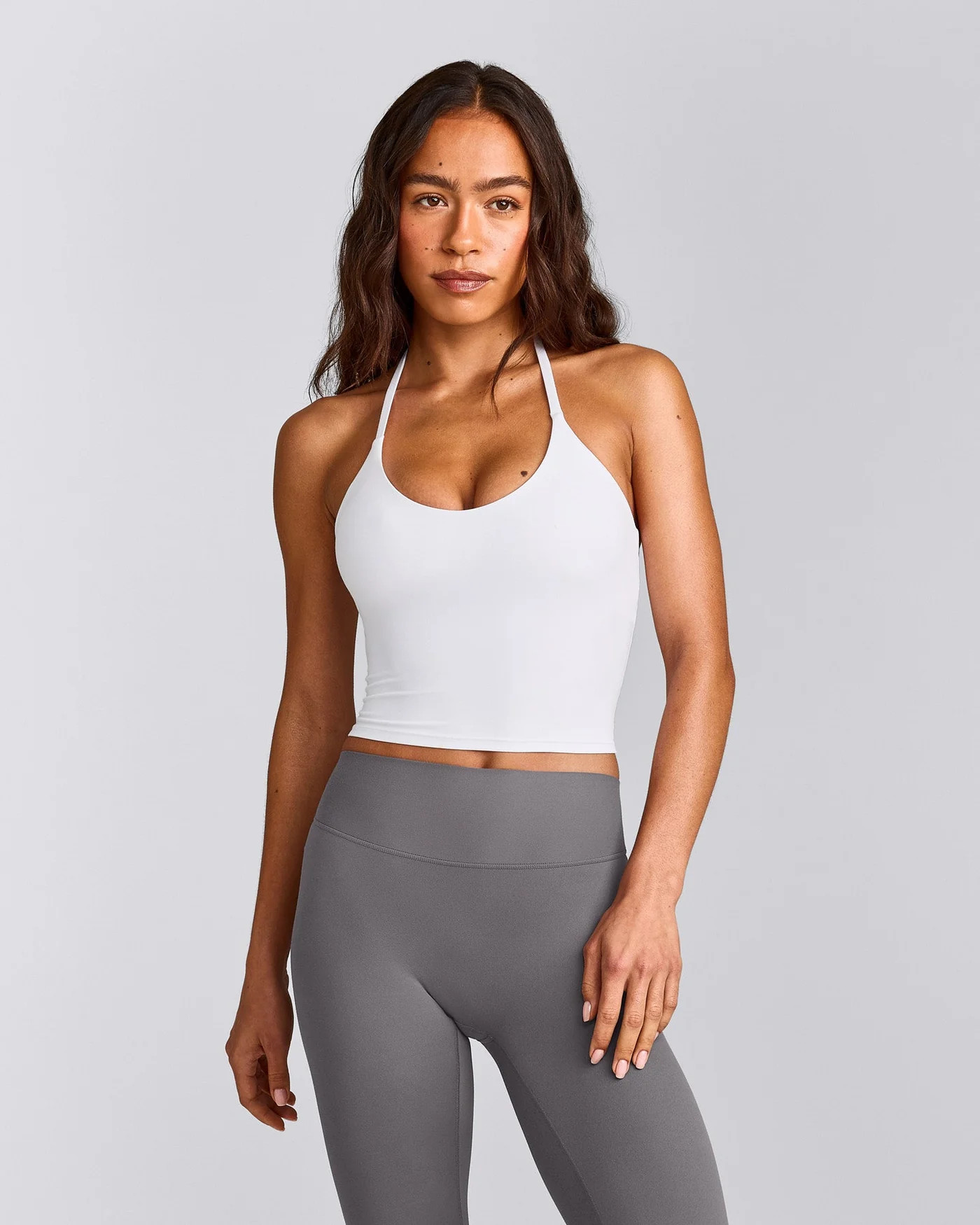 SoftMotion\u2122 Strappy Halter Neck Mid Tank Top with Built in Bra Shelf 
 White | Oner Active (UK / US)