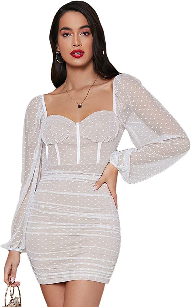 Floerns Women's Sweetheart Neck Lantern Sleeve Swiss Dot Bodycon Mini Dress | Amazon (US)